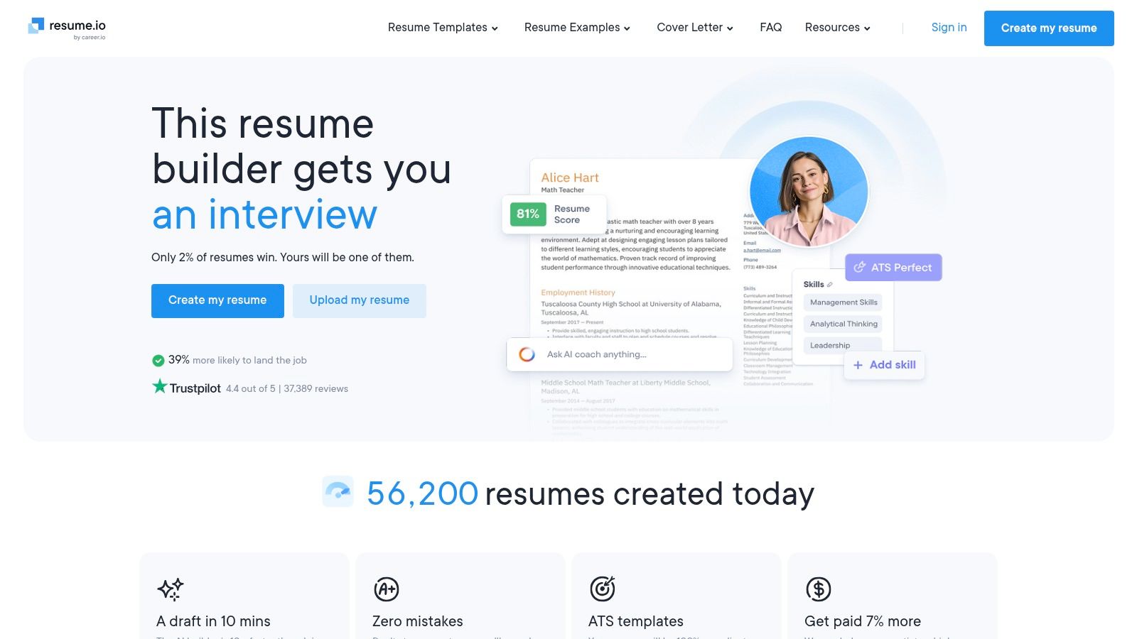 Resume.io — Freemium Builder (Free plan with limited export)