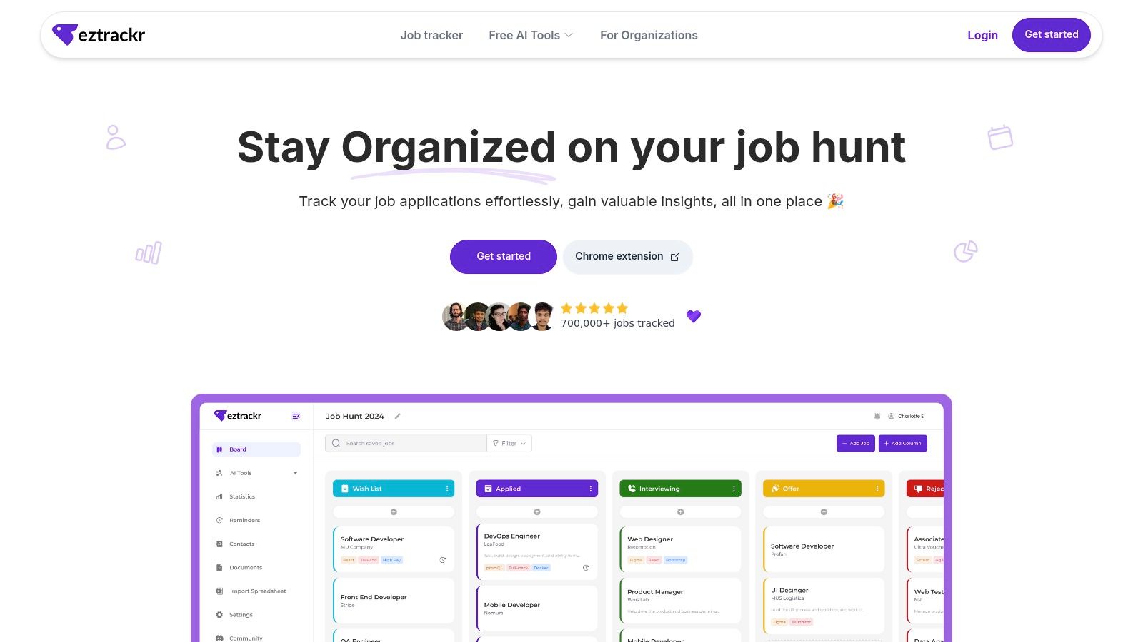 Eztrackr dashboard showing a Kanban board view of job applications