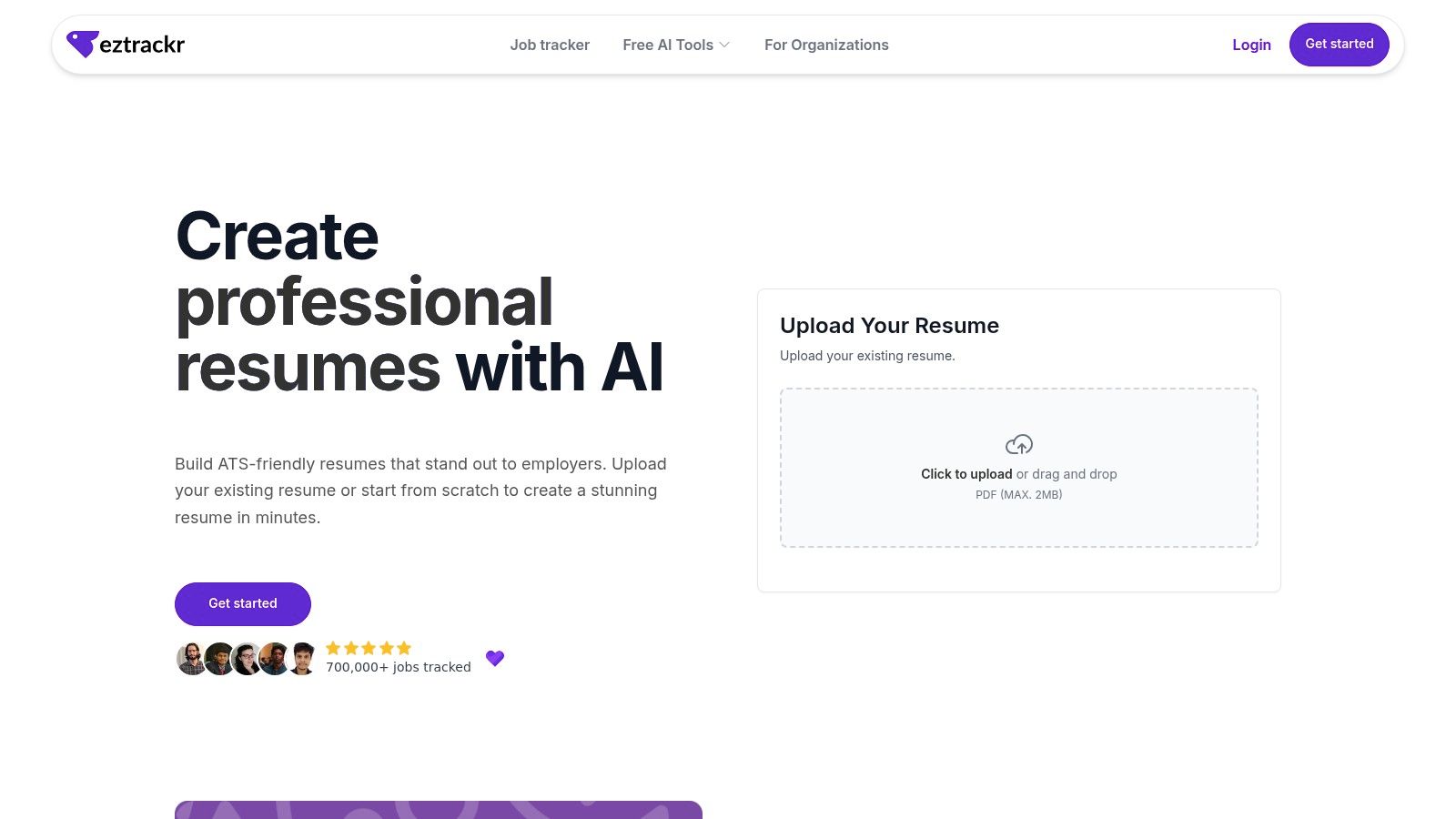 An interface showing an AI-powered resume builder with options for templates, AI writing assistance, and ATS-friendly design.