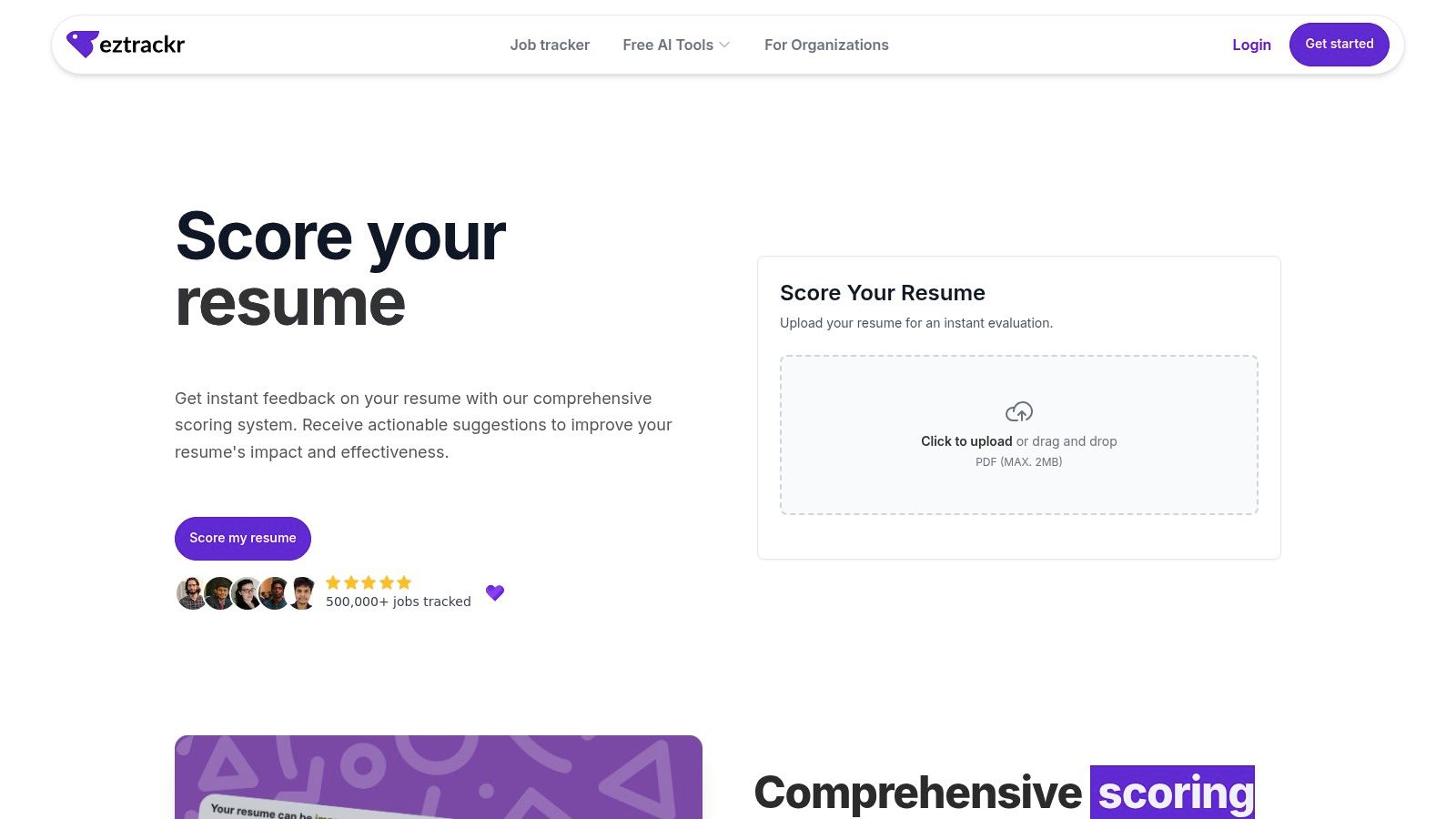 A screenshot of the Score Your Resume feature, showing a resume score and detailed feedback on different sections like summary, experience, and education.