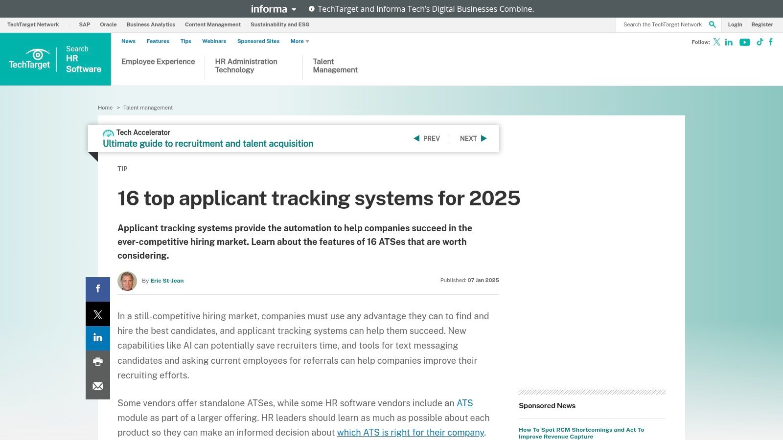 TechTarget | SearchHRSoftware – Top ATS Lists/Guides