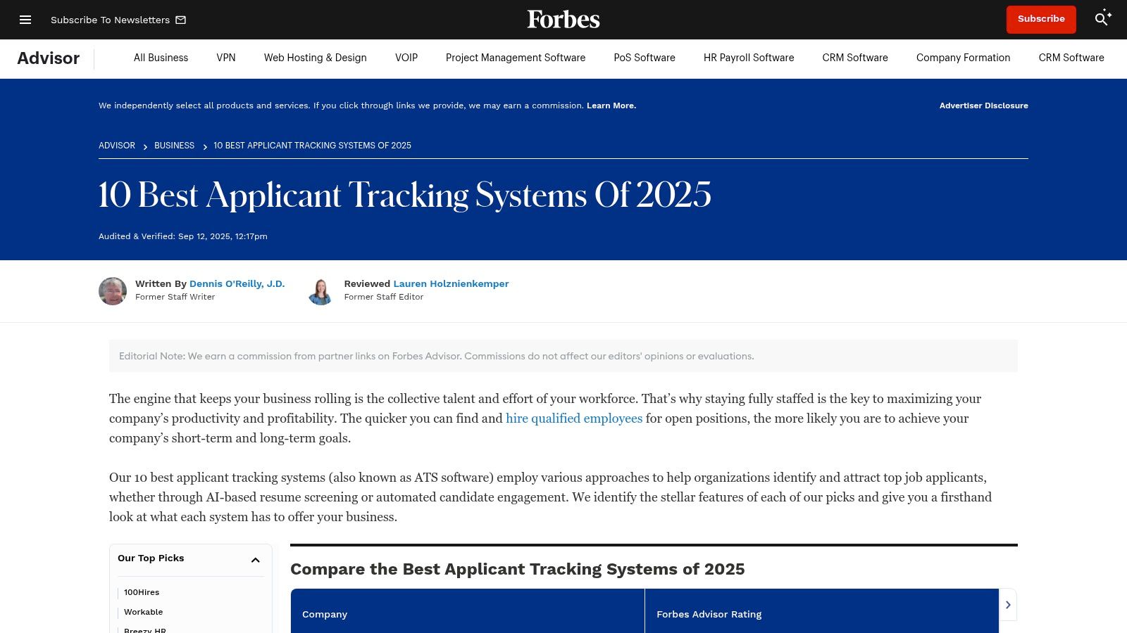 Forbes Advisor – Best Applicant Tracking Systems