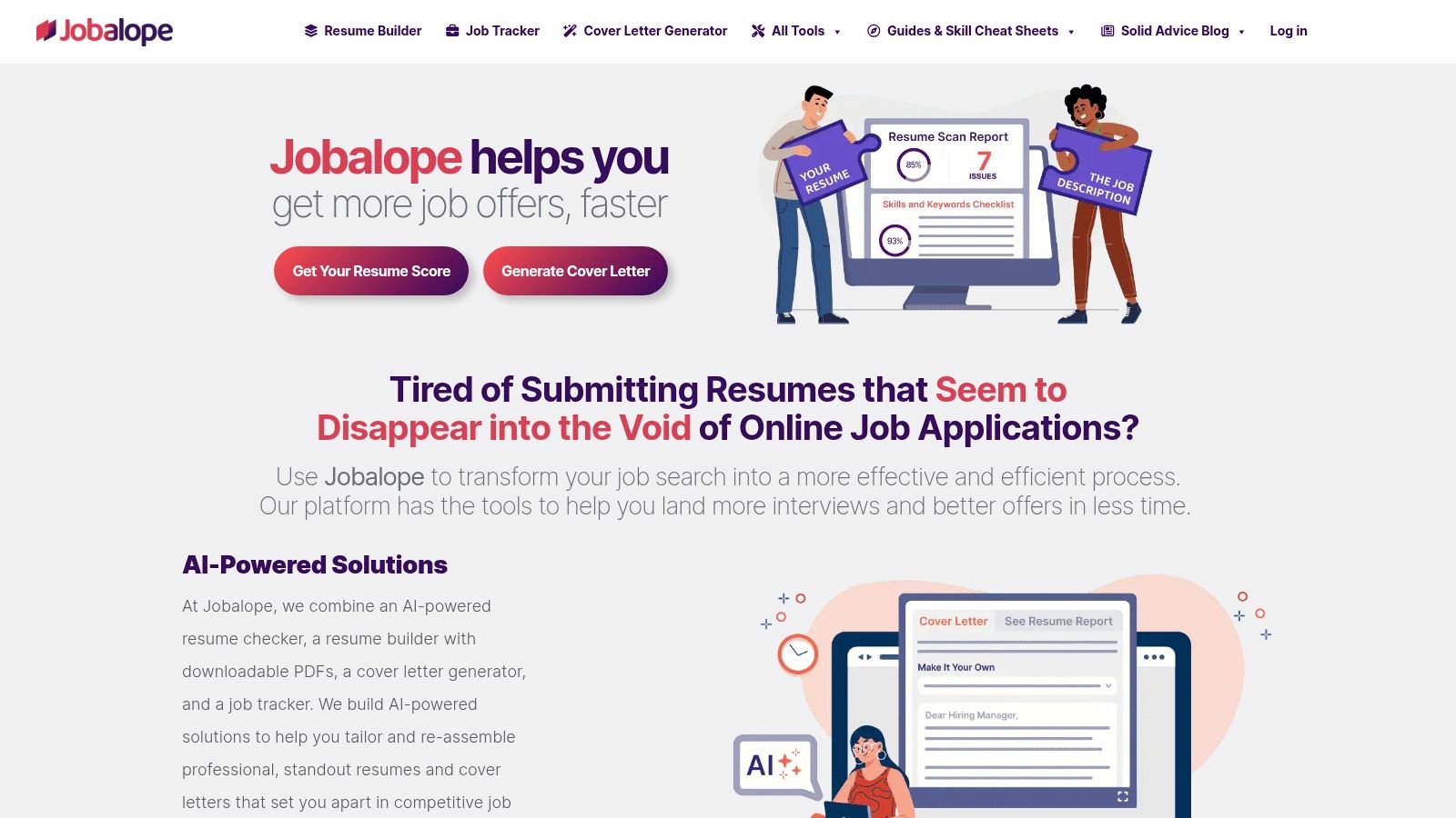 Jobalope dashboard showing job application tracking and resume scoring