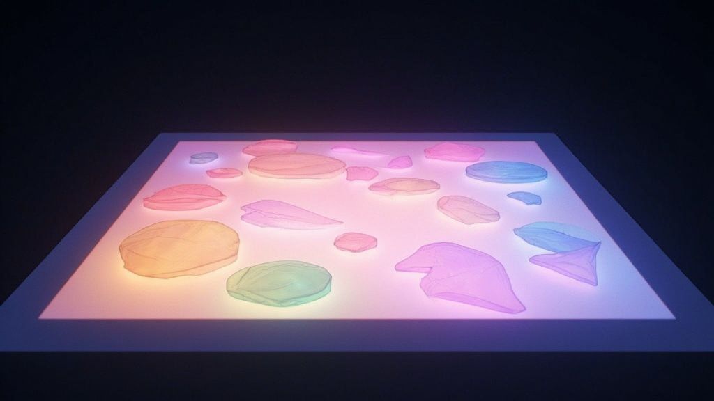 Ein Kind spielt an einem Leuchttisch mit bunten, durchsichtigen Bausteinen und Formen