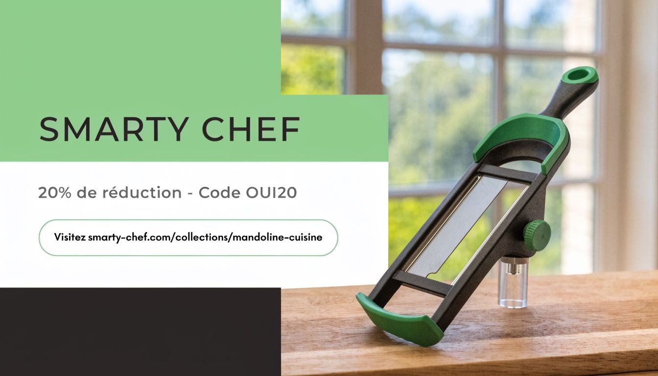 Une mandoline de cuisine professionnelle Smarty Chef posée sur un plan de travail en bois.