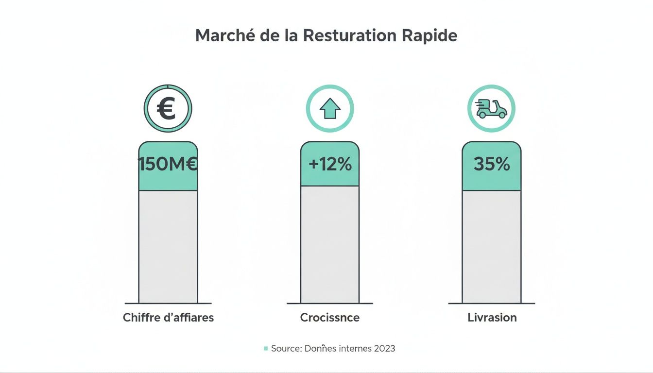 Graphique des chiffres clés du marché de la restauration rapide: 150M€ de chiffre d'affaires, 12% de croissance, et 35% de livraisons.