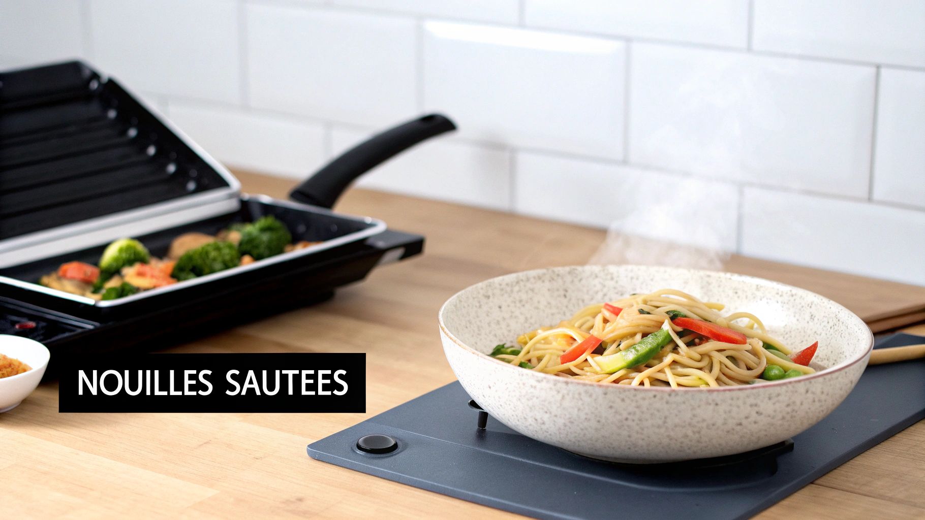 Plat de nouilles sautées fumantes avec légumes colorés sur un comptoir de cuisine, à côté de légumes grillés.