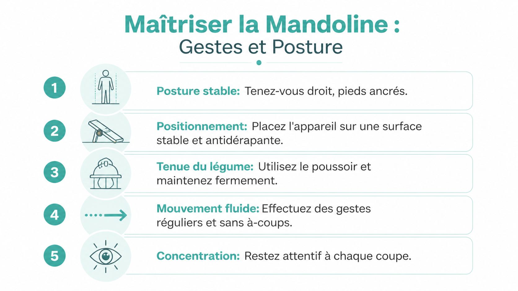 Infographie illustrant les cinq étapes essentielles pour maîtriser la posture et les gestes lors de l'utilisation d'une mandoline.