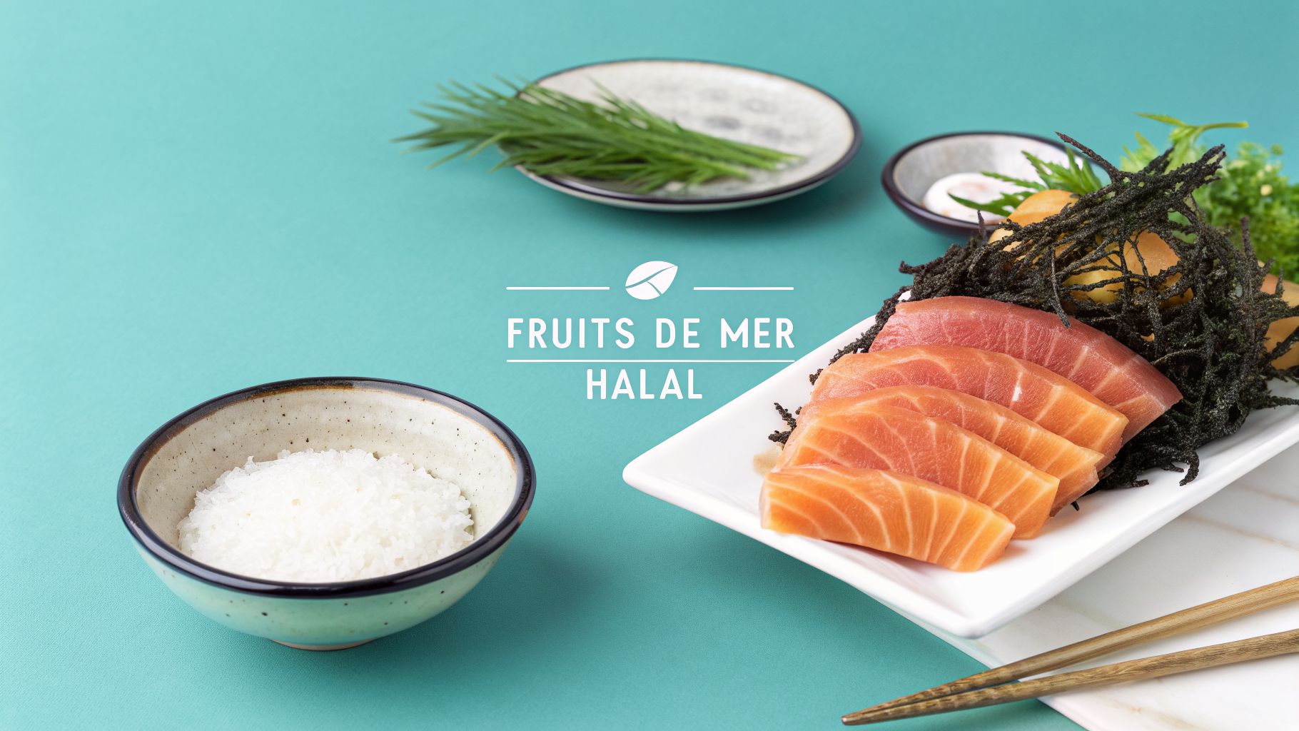 Assortiment de sashimi (saumon et thon) avec riz et herbes, étiqueté "Fruits de Mer Halal".