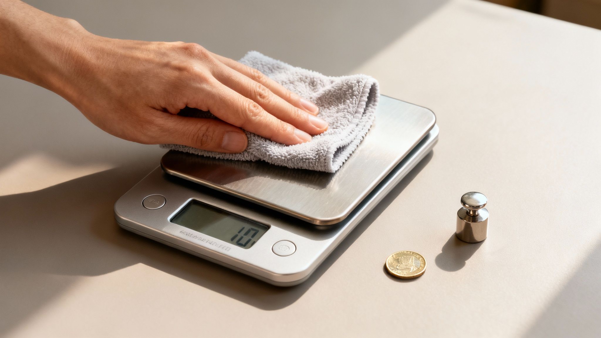 Une main nettoie une balance de cuisine électronique en acier inoxydable avec un chiffon doux, à côté d'un poids de calibrage et d'une pièce de monnaie.