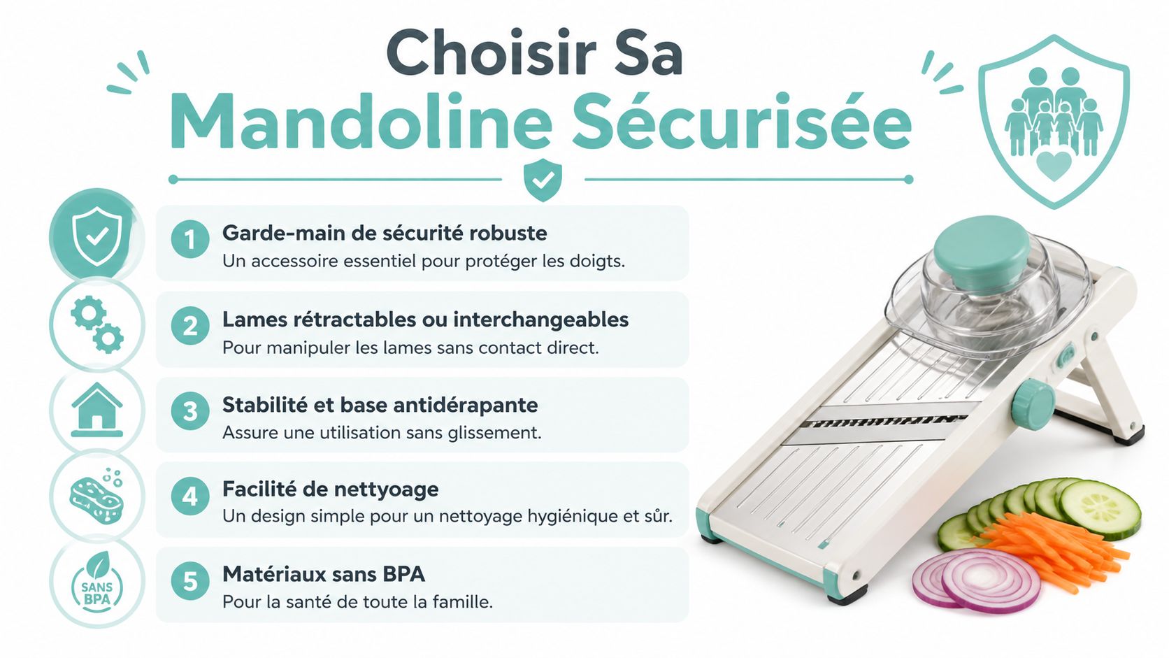 Infographie présentant cinq critères essentiels pour choisir une mandoline de cuisine sécurisée pour toute la famille.