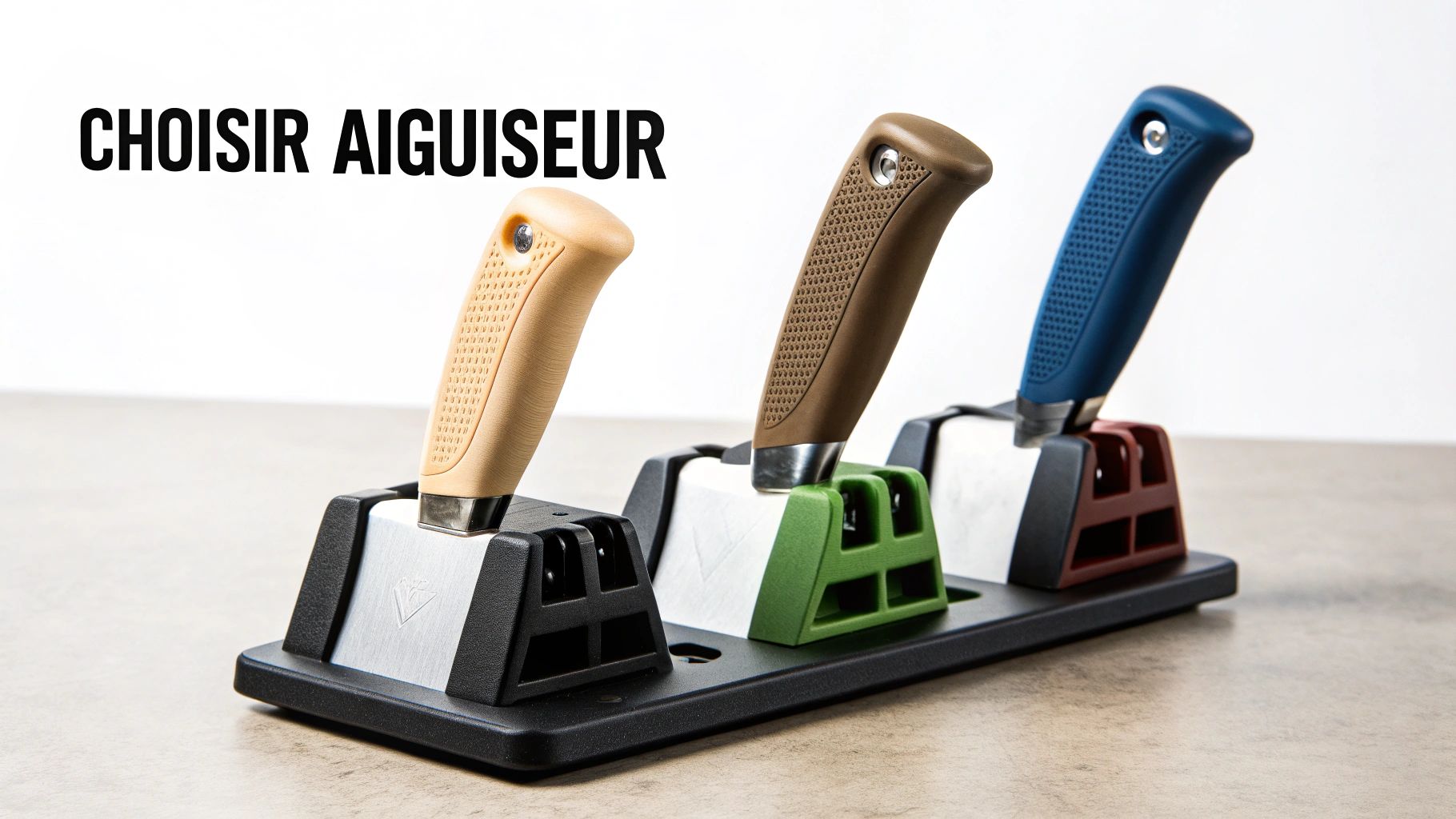 Trois couteaux à manches colorés (beige, marron, bleu) insérés dans des aiguiseurs sur un support noir, avec le texte 'CHOISIR AIGUISEUR'.