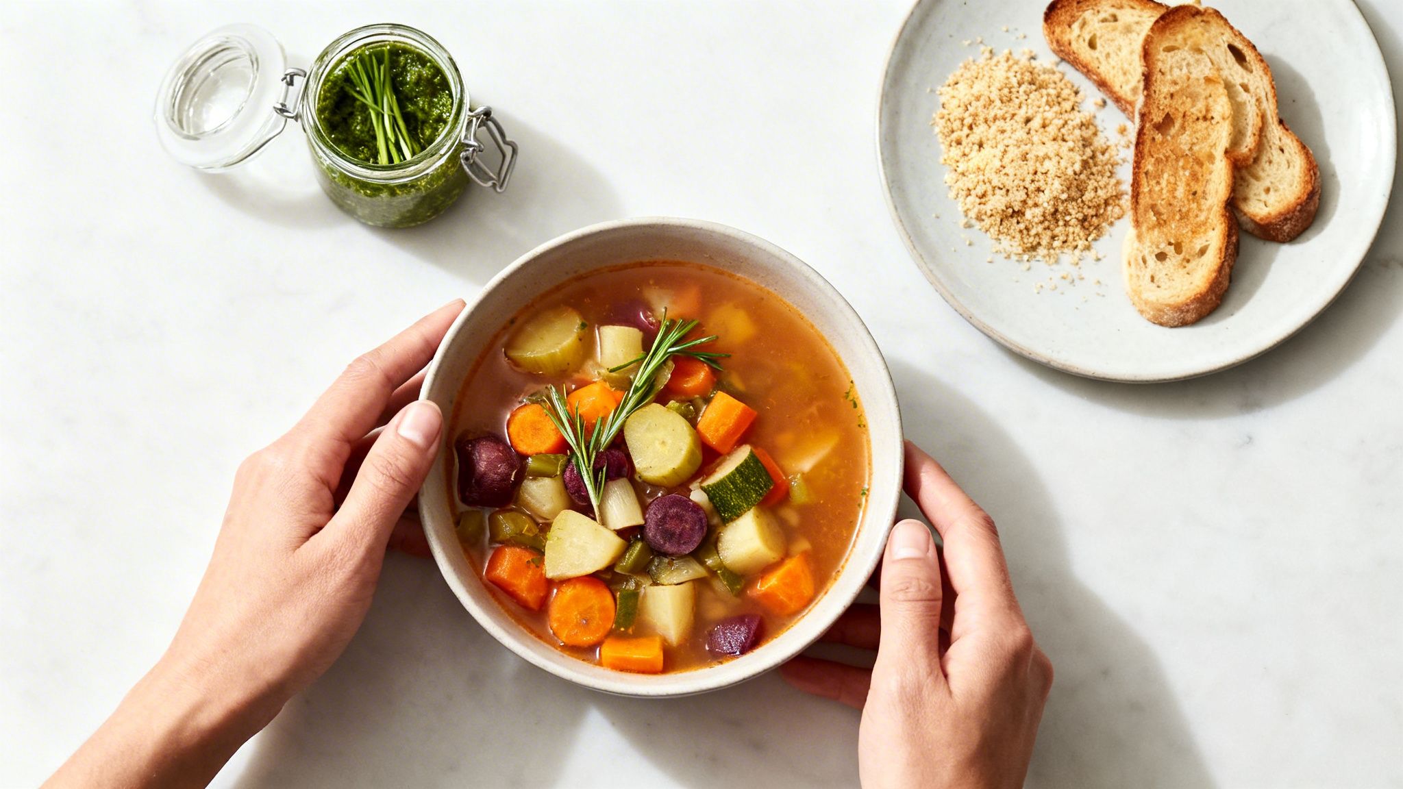 Un bol de soupe aux légumes colorés tenu par des mains, avec du pesto et du pain grillé à côté sur une table en marbre.