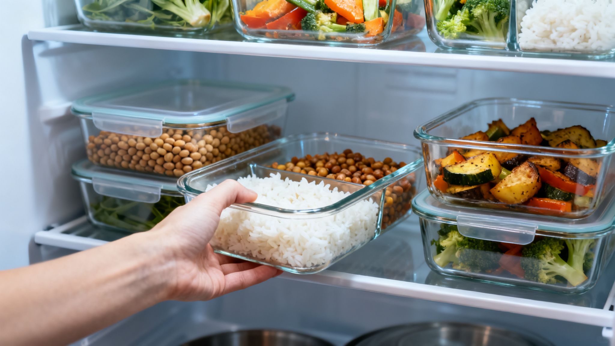 Une main place une boîte de riz et de pois chiches dans un réfrigérateur organisé avec des repas préparés.