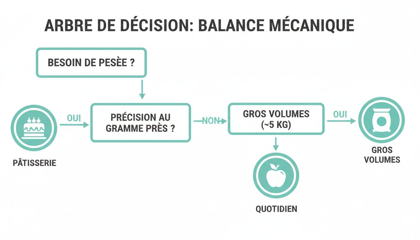 Diagramme de décision pour choisir une balance mécanique de cuisine adaptée aux besoins : pâtisserie, gros volumes ou usage quotidien.