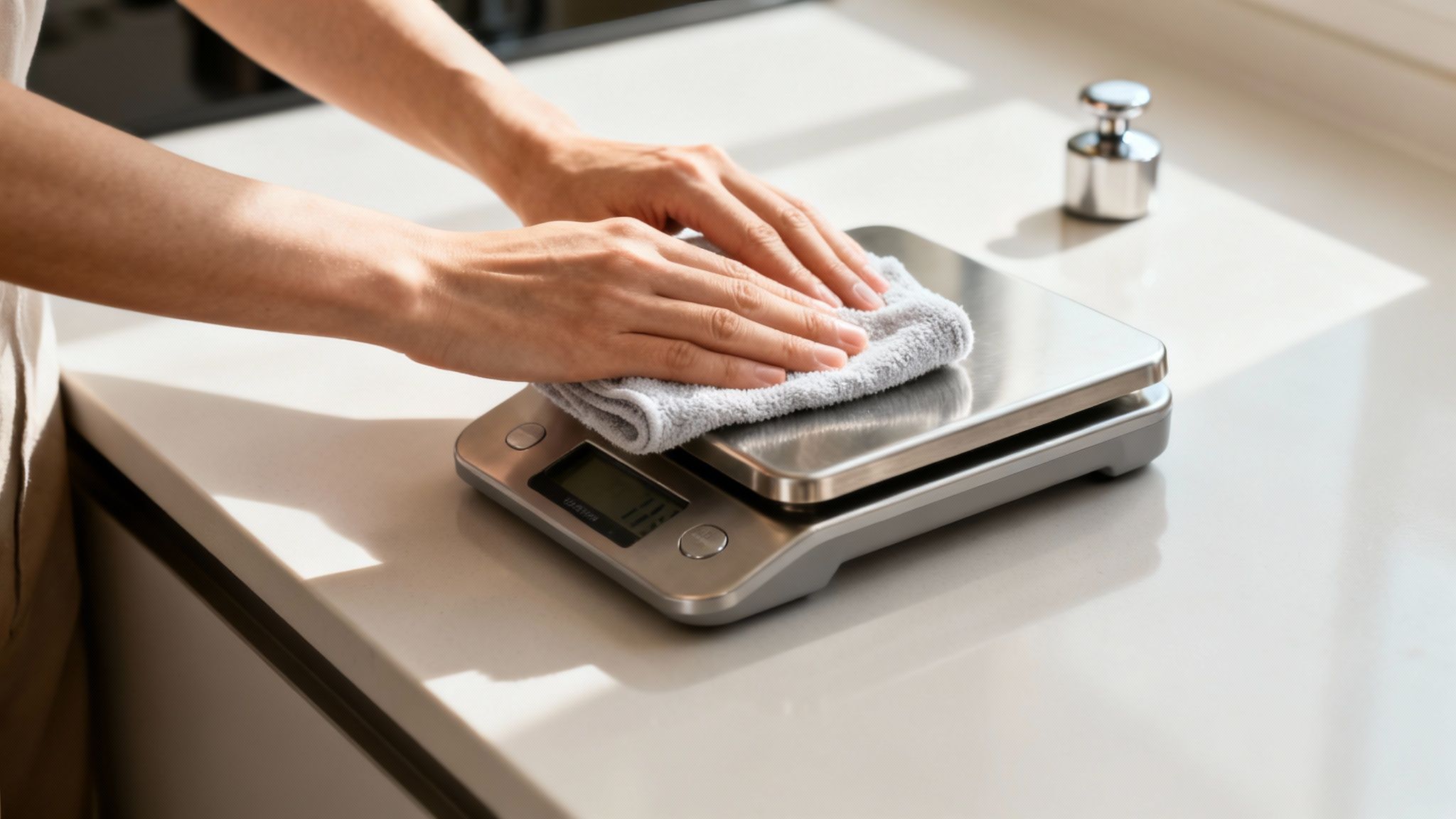 Mains nettoyant une balance de cuisine en acier inoxydable avec un chiffon gris sur un comptoir.