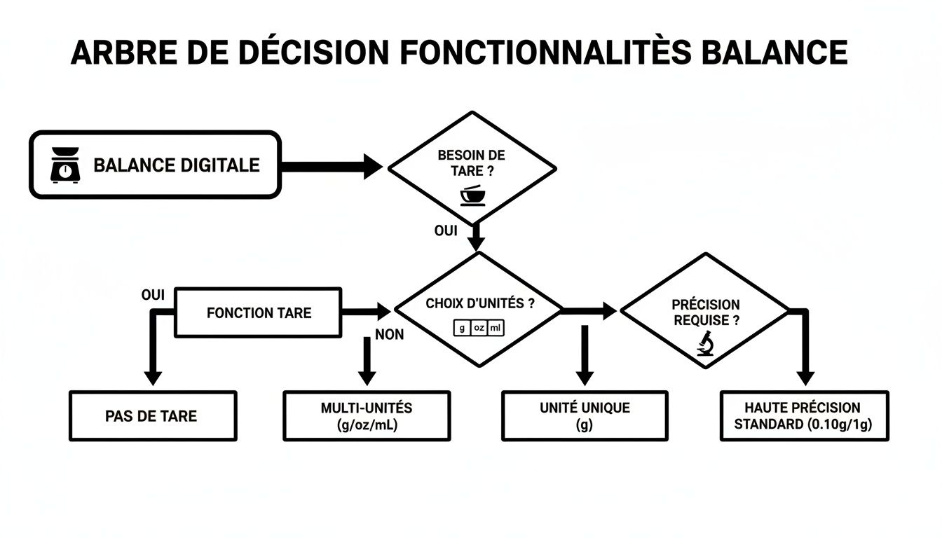 Diagramme de flux pour choisir les fonctionnalités d'une balance numérique, incluant la tare, les unités et la précision.