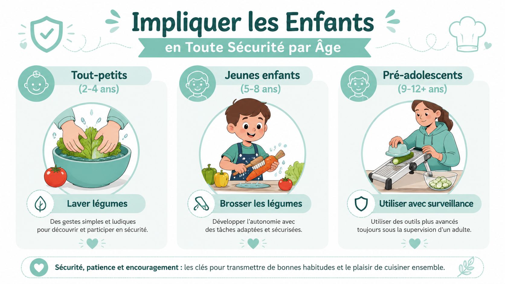 Infographie illustrant les étapes pour impliquer les enfants en cuisine en toute sécurité selon leur âge.