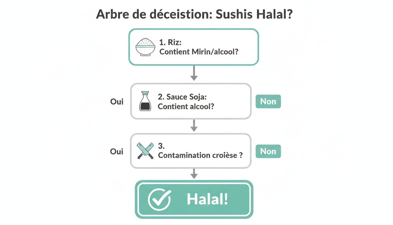 Arbre de décision visuel pour déterminer si des sushis sont Halal, vérifiant riz, sauce soja et contamination croisée.