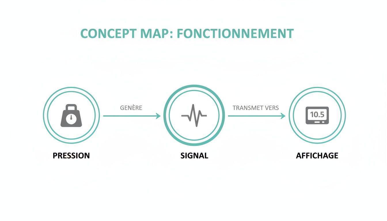 Schéma conceptuel montrant le fonctionnement d'un système où la pression génère un signal transmis vers un affichage numérique.