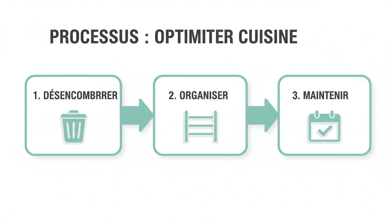 Diagramme illustrant le processus d'optimisation d'une cuisine en trois étapes : désencombrer, organiser et maintenir.