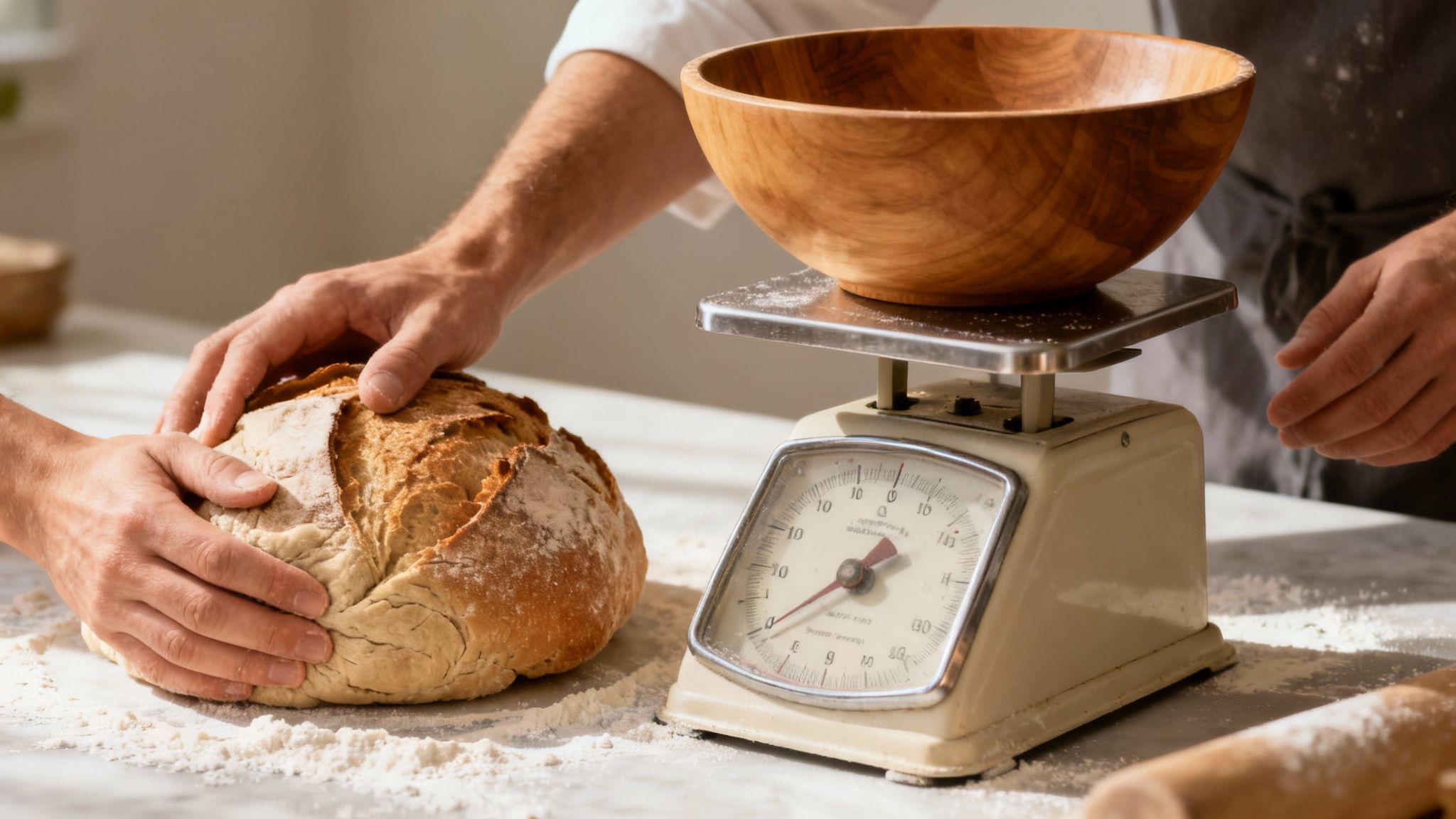 Un boulanger pèse du pain frais sur une balance de cuisine avec un bol en bois, de la farine répandue.