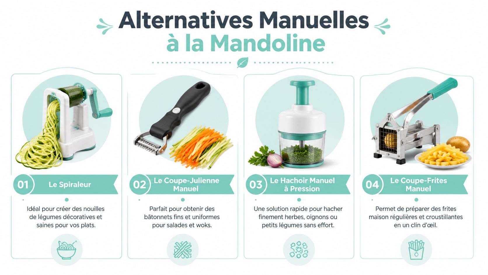 Infographie présentant quatre outils de cuisine manuels pour couper, hacher et transformer les légumes sans mandoline.