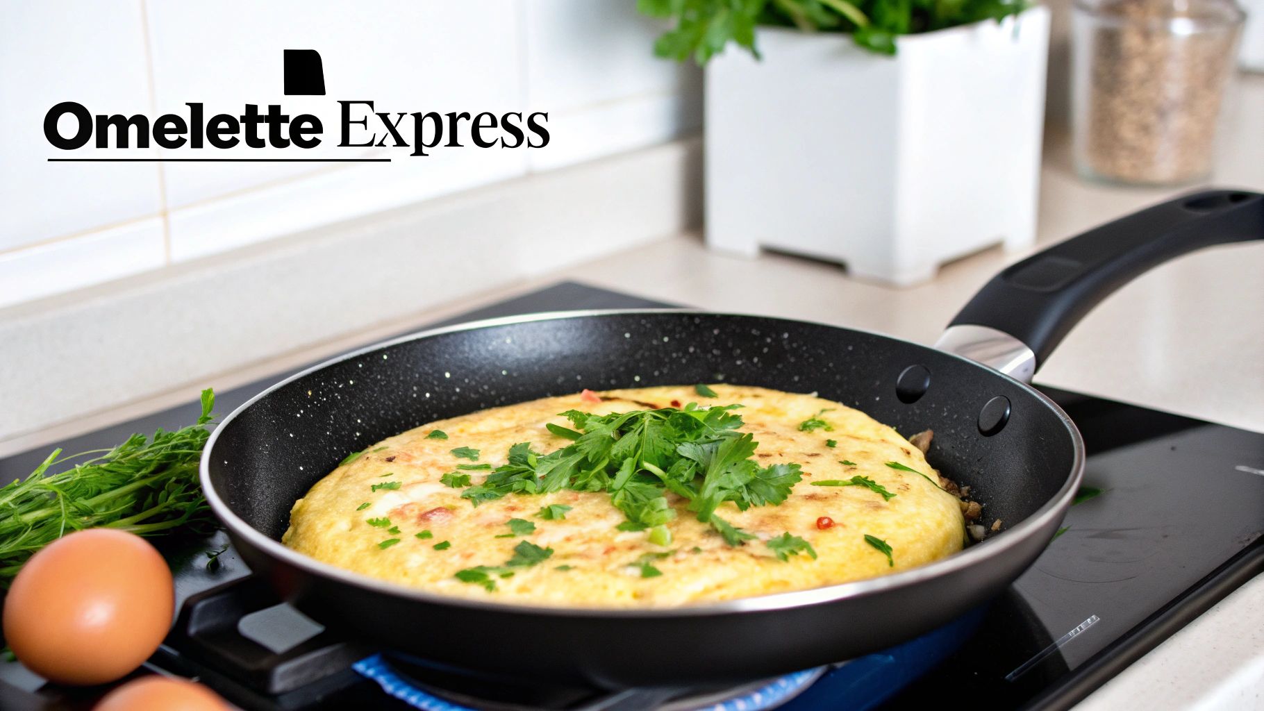 Omelette express cuisant dans une poêle antiadhésive Smarty Chef.