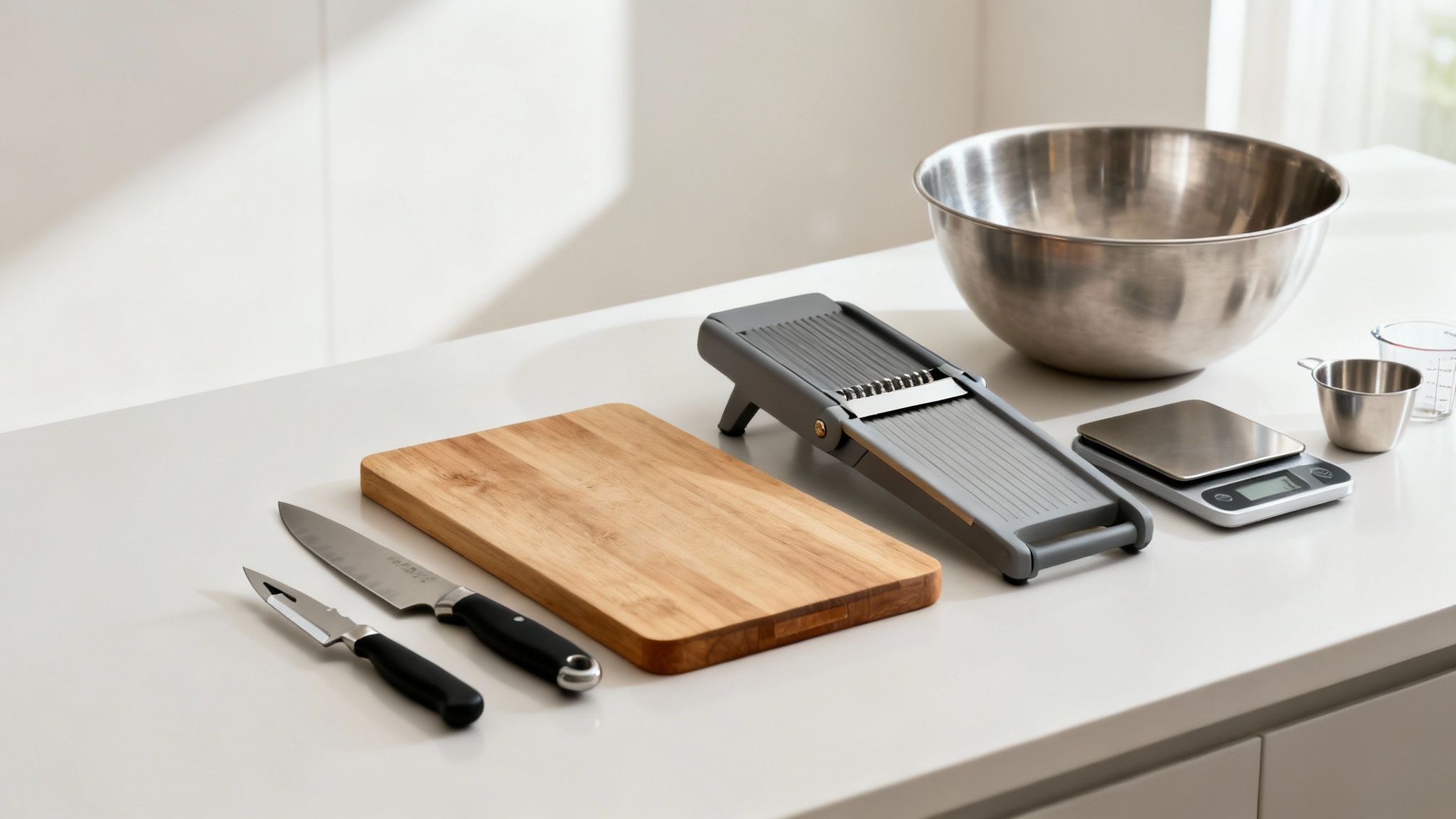 Ustensiles de cuisine essentiels sur un comptoir blanc : planche à découper, couteaux, mandoline, bol en acier, balance et tasses à mesurer.
