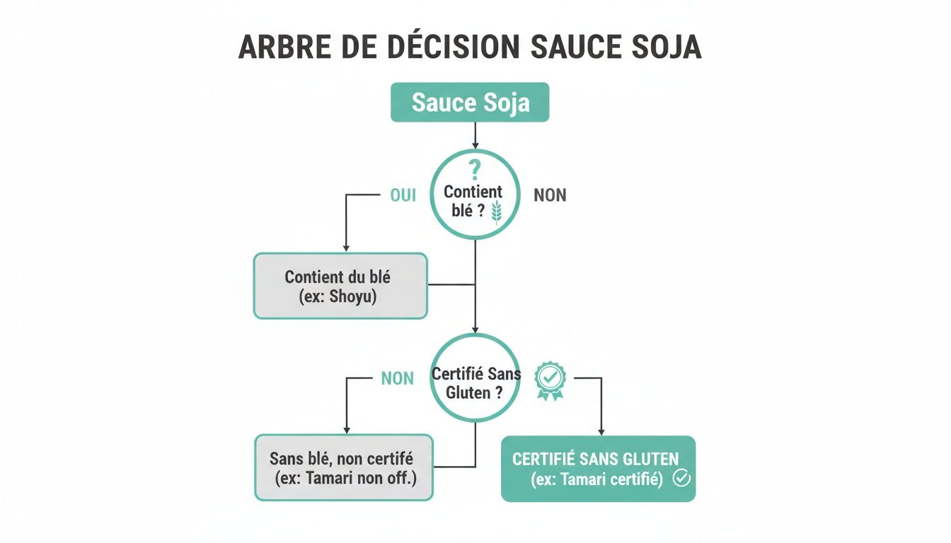 Arbre de décision pour choisir la sauce soja sans gluten, expliquant les options avec et sans blé, et certifiées.