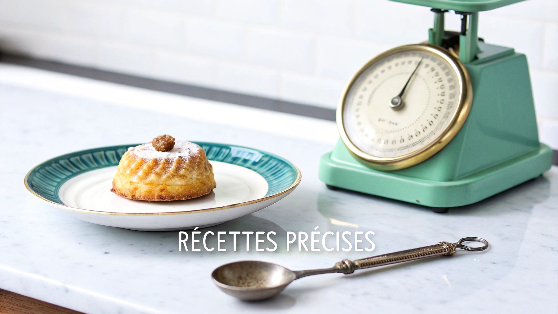 Pâtisserie sur assiette, balance de cuisine vintage, cuillère décorative et texte "Recettes Précises" sur un comptoir en marbre blanc.