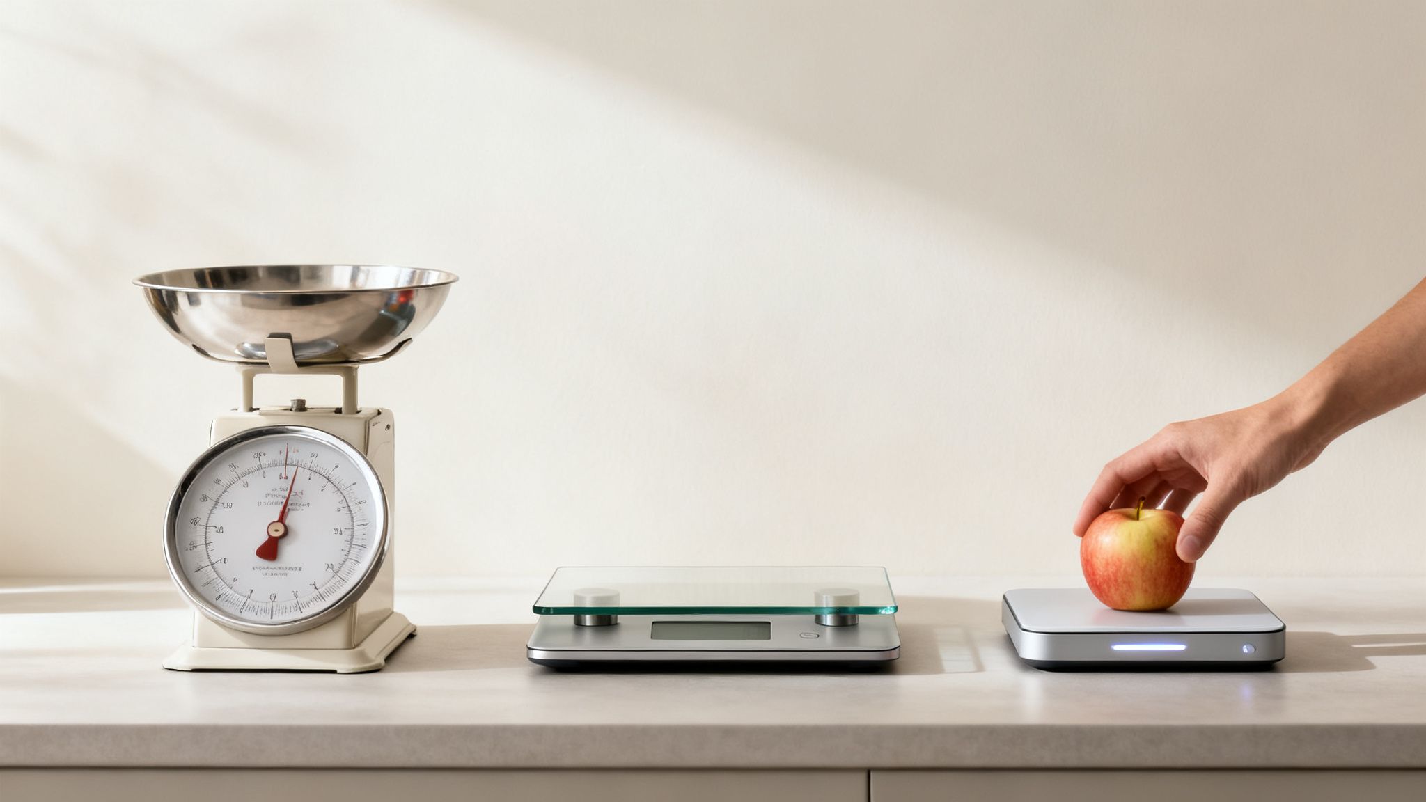 Trois balances de cuisine de styles variés sur un comptoir, avec une main posant une pomme.