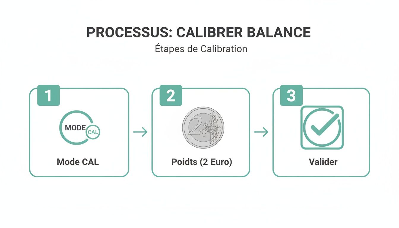 Diagramme expliquant les 3 étapes pour calibrer une balance: sélectionner le mode CAL, placer une pièce de 2 euros, puis valider.