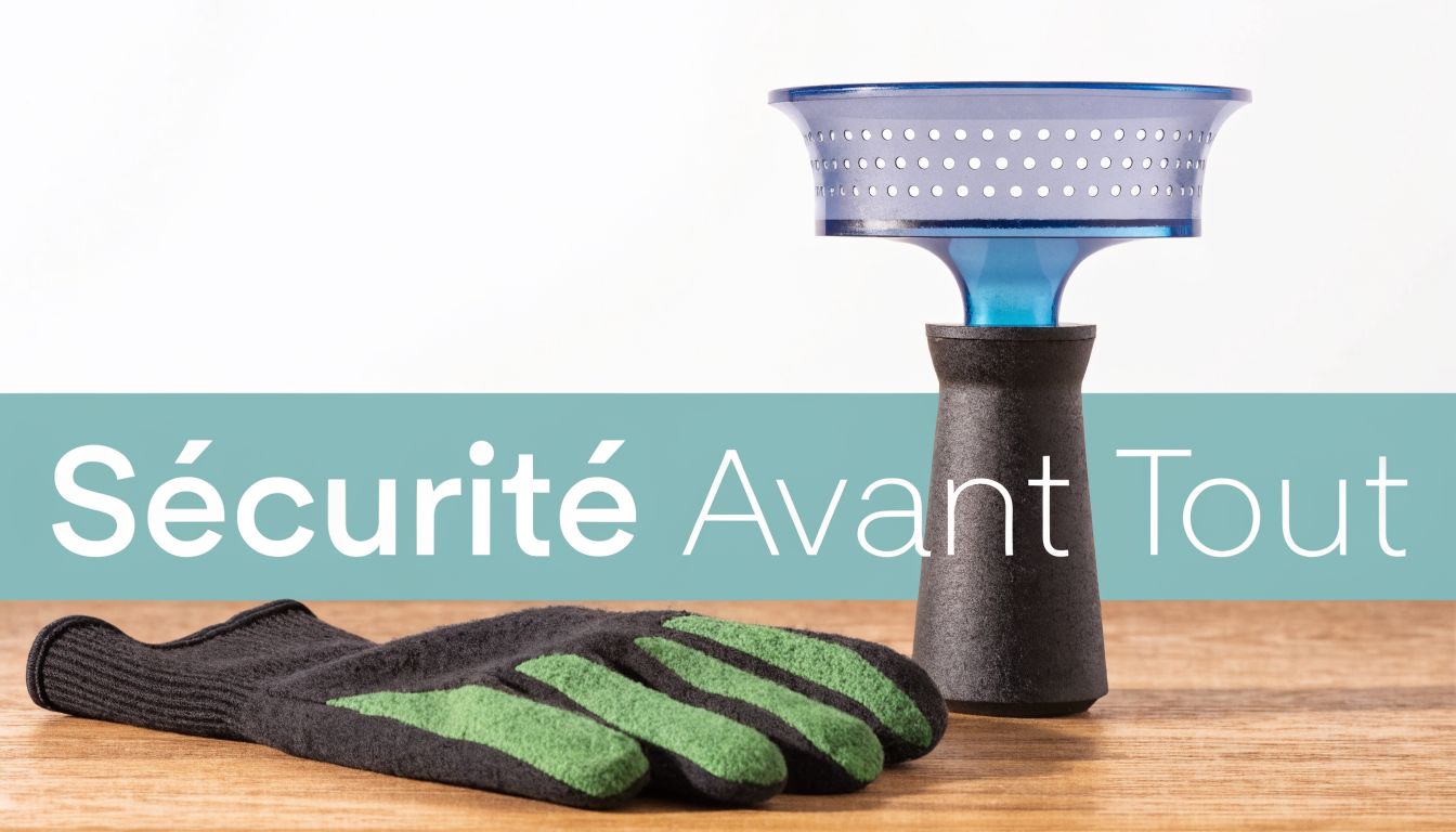 Une mandoline de cuisine bleue et noire posée sur une table en bois avec un gant de protection.