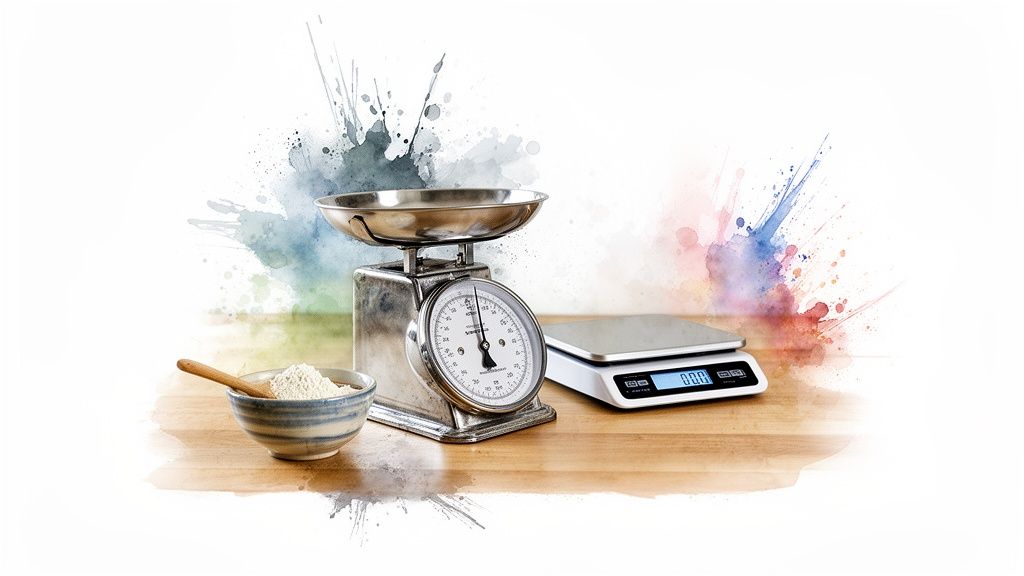 Deux balances de cuisine (une analogique et une numérique) avec un bol de farine sur une table en bois et des éclaboussures d'aquarelle colorées.