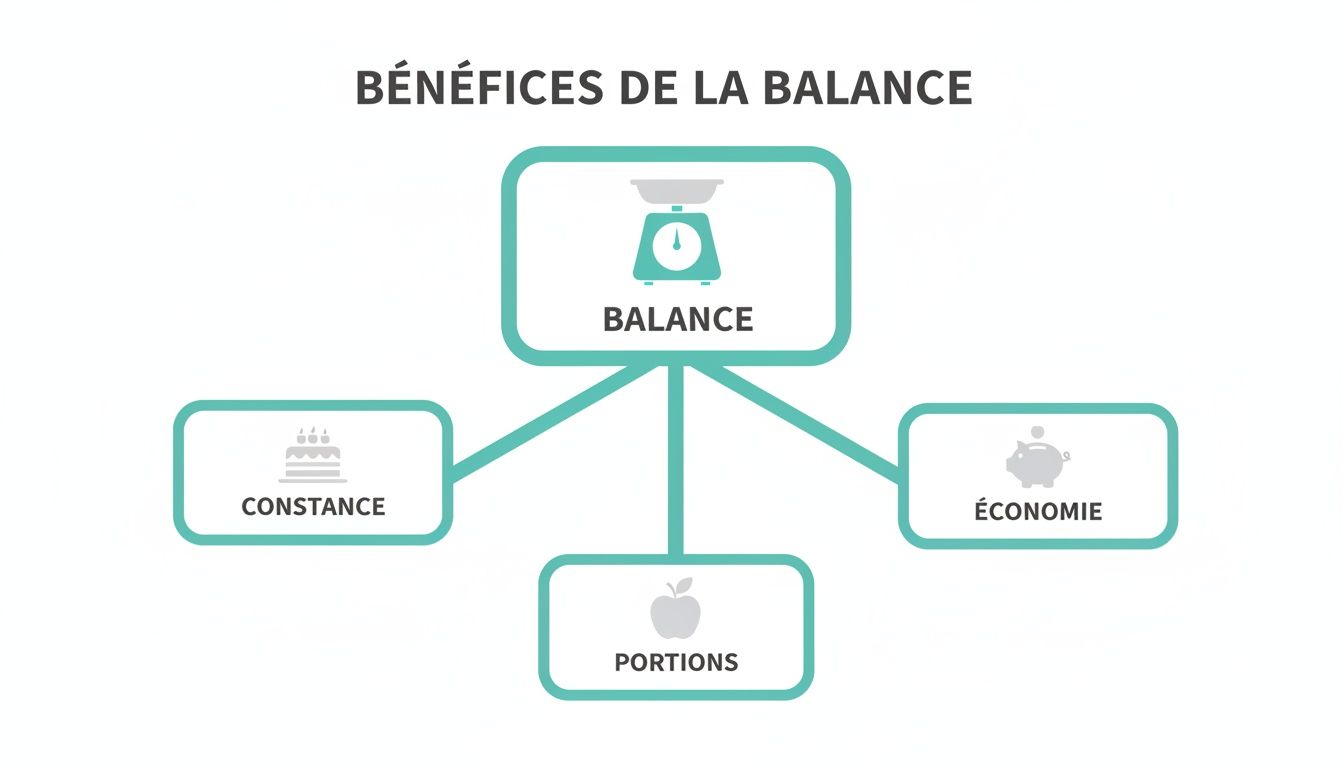 Infographie expliquant les bénéfices d'une balance de cuisine pour la constance, les portions et l'économie.