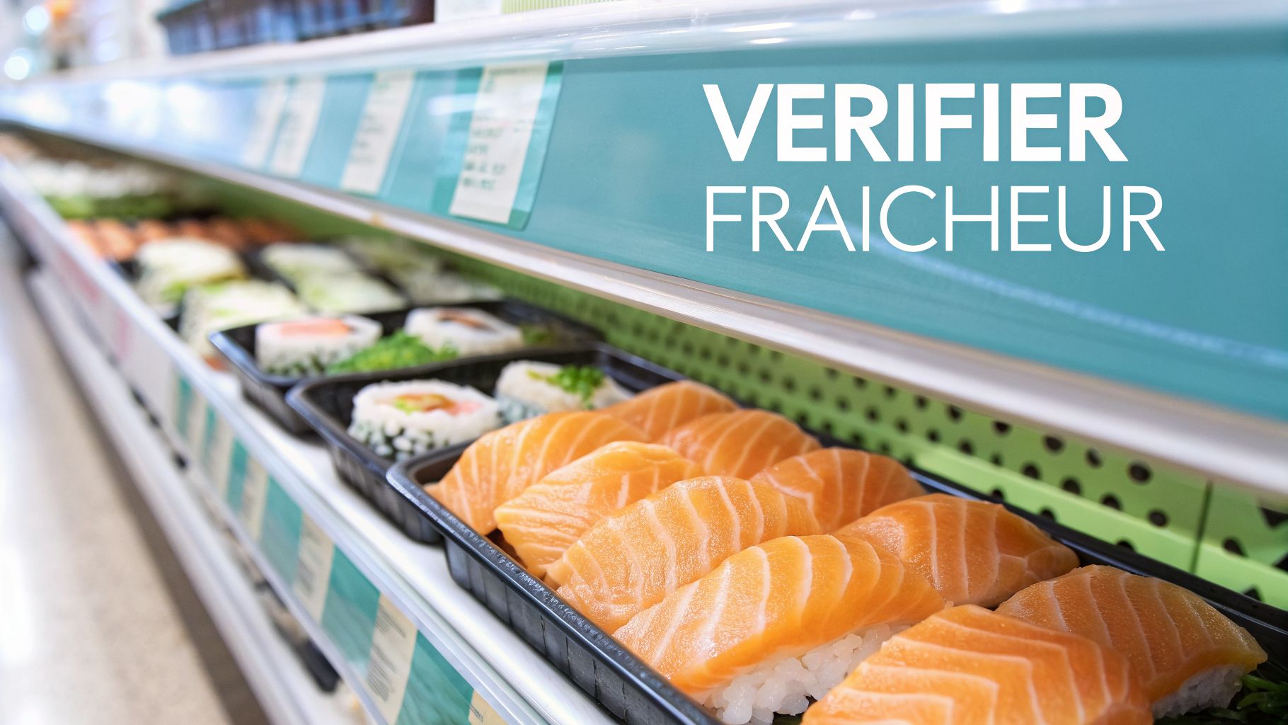 Plateaux de sushis frais, dont du nigiri au saumon, dans un rayon réfrigéré de supermarché avec un panneau "Vérifier Fraîcheur".