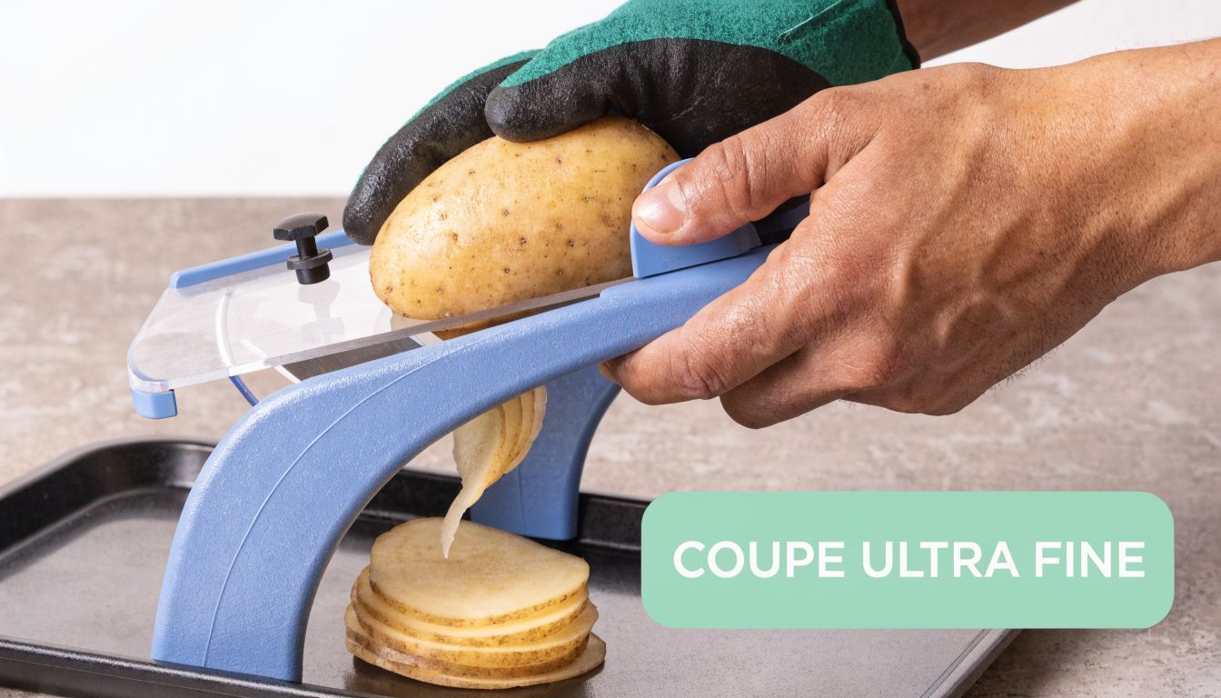 Une personne utilisant une mandoline de cuisine pour trancher finement une pomme de terre en rondelles.