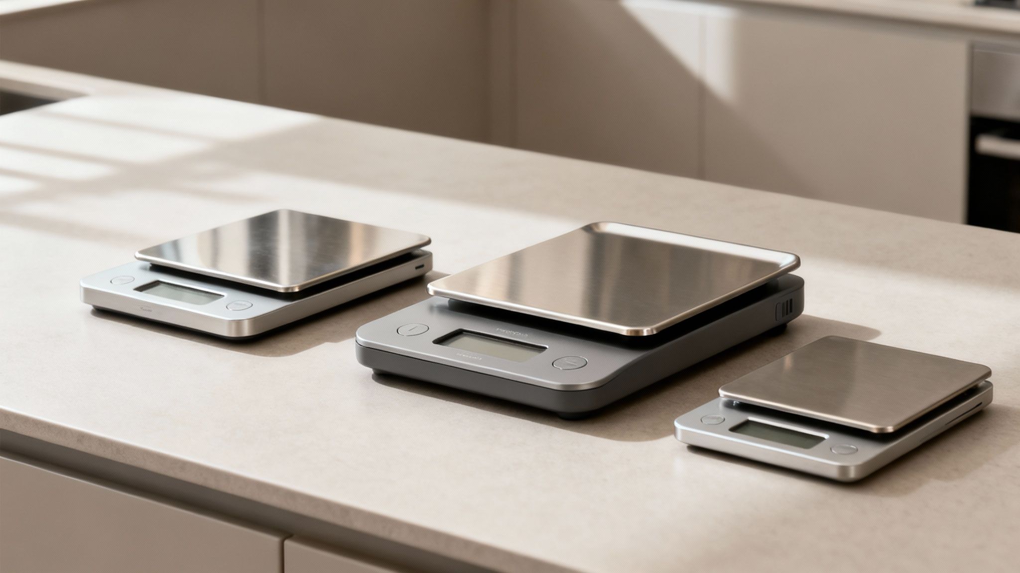 Trois balances de cuisine numériques de tailles différentes posées sur un comptoir clair.