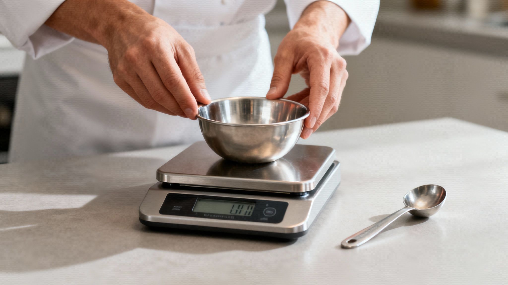 Un chef place un petit bol en métal sur une balance de cuisine numérique pour peser des ingrédients.