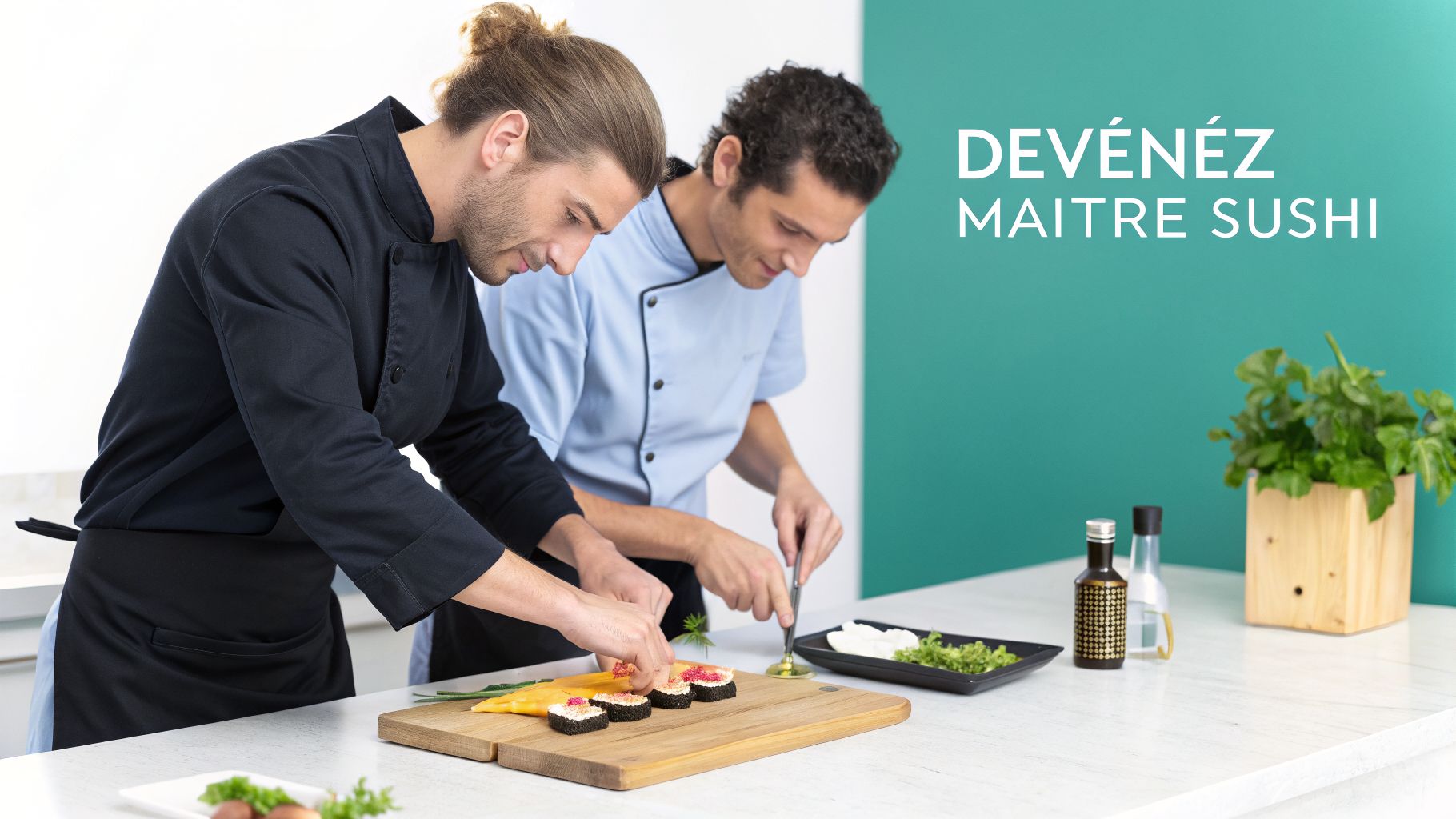 Deux chefs préparent des sushis. L'un ajoute des garnitures, l'autre manipule des ingrédients pour un cours de sushi.