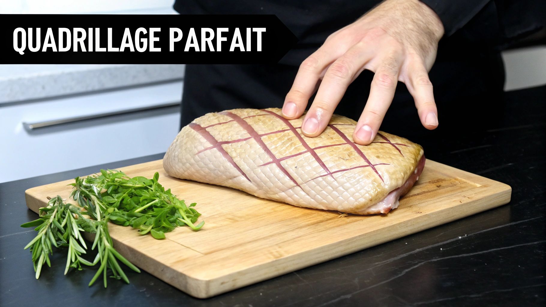 Une main score un magret de canard cru sur une planche à découper en bois, avec des herbes fraîches.