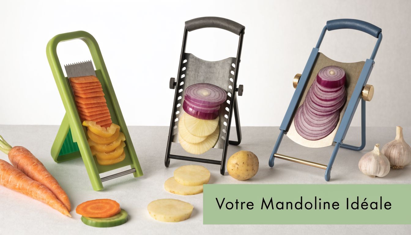 Trois mandolines de cuisine colorées disposées avec des légumes frais tranchés sur une table blanche lumineuse.