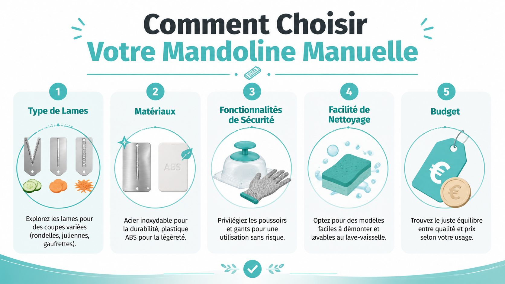 Infographie illustrant cinq conseils essentiels pour bien choisir une mandoline de cuisine manuelle adaptée à vos besoins.