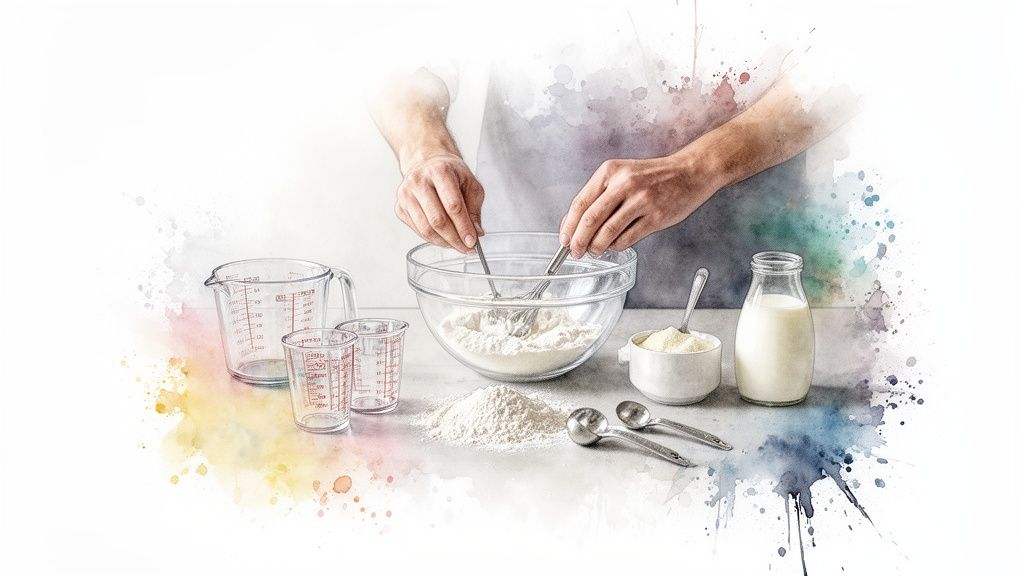 Une personne mélange de la farine dans un grand bol en verre avec des ustensiles, entourée d'ingrédients de pâtisserie et d'ustensiles de mesure.