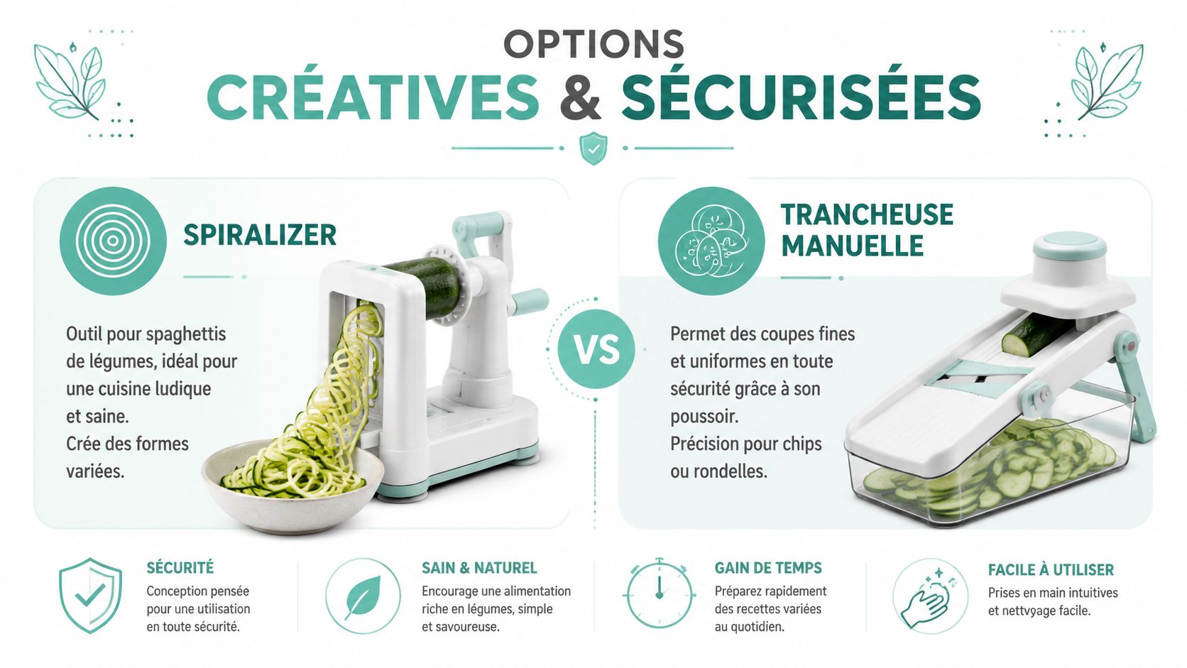 Comparatif entre un spiraliseur et une trancheuse manuelle pour couper des légumes de manière sécurisée et créative.