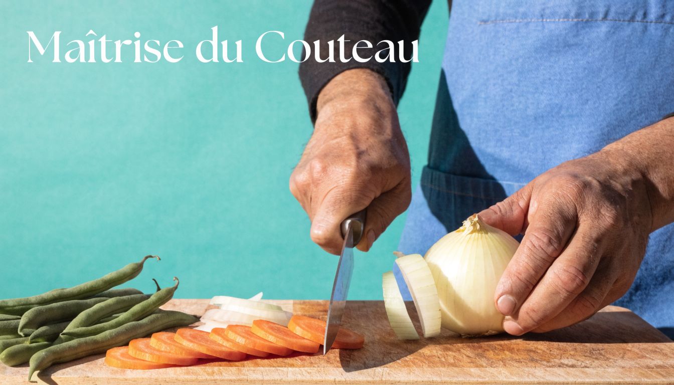 Un chef cuisine en train de couper un oignon et des légumes sur une planche à découper.