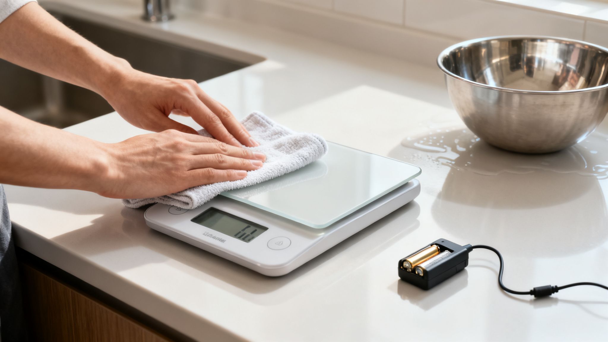 Mains nettoyant une balance de cuisine blanche avec une serviette près d'un bol en métal et de l'eau renversée.