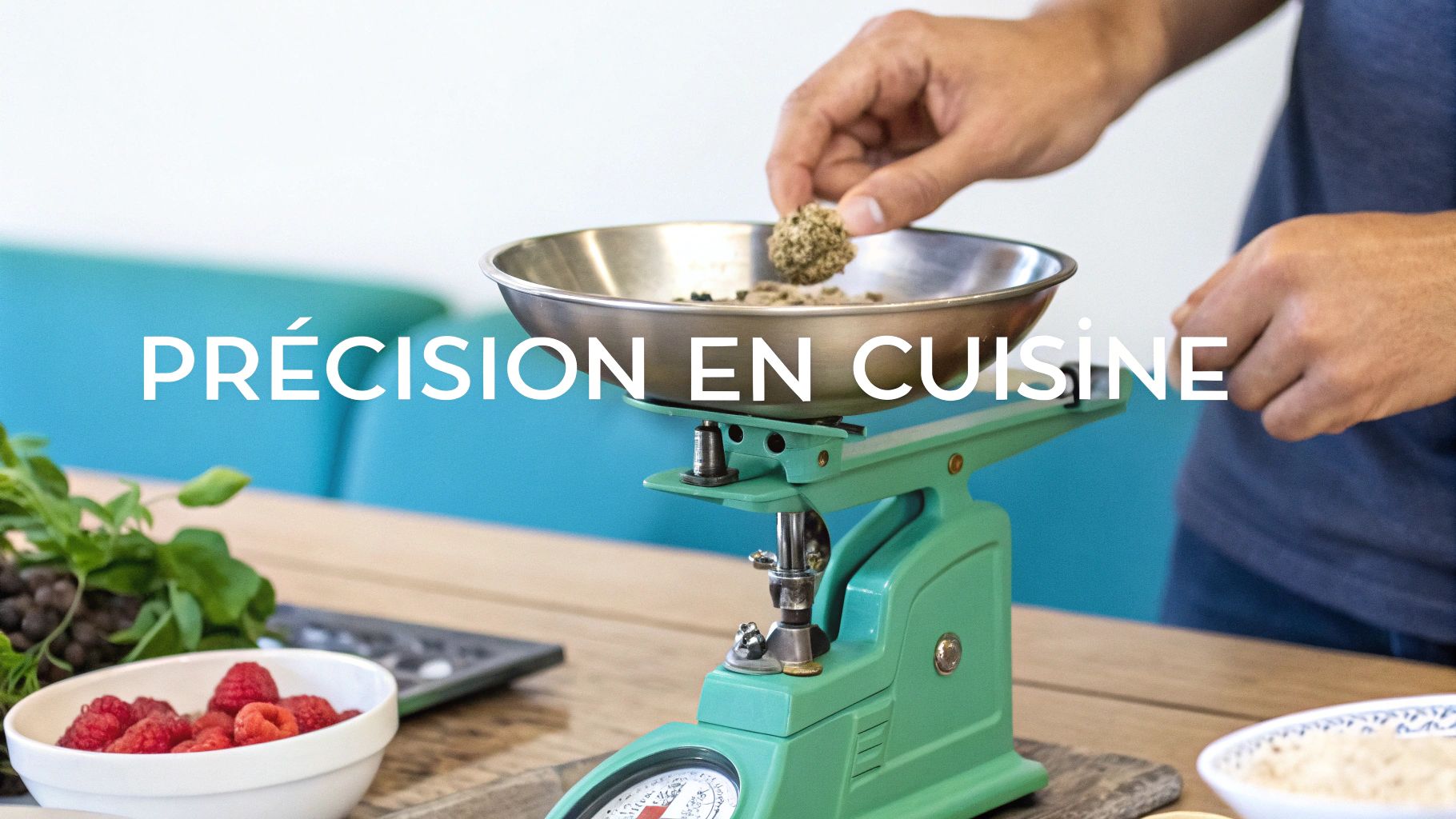 Une personne pèse des ingrédients sur une balance de cuisine mécanique verte, symbolisant la précision culinaire.