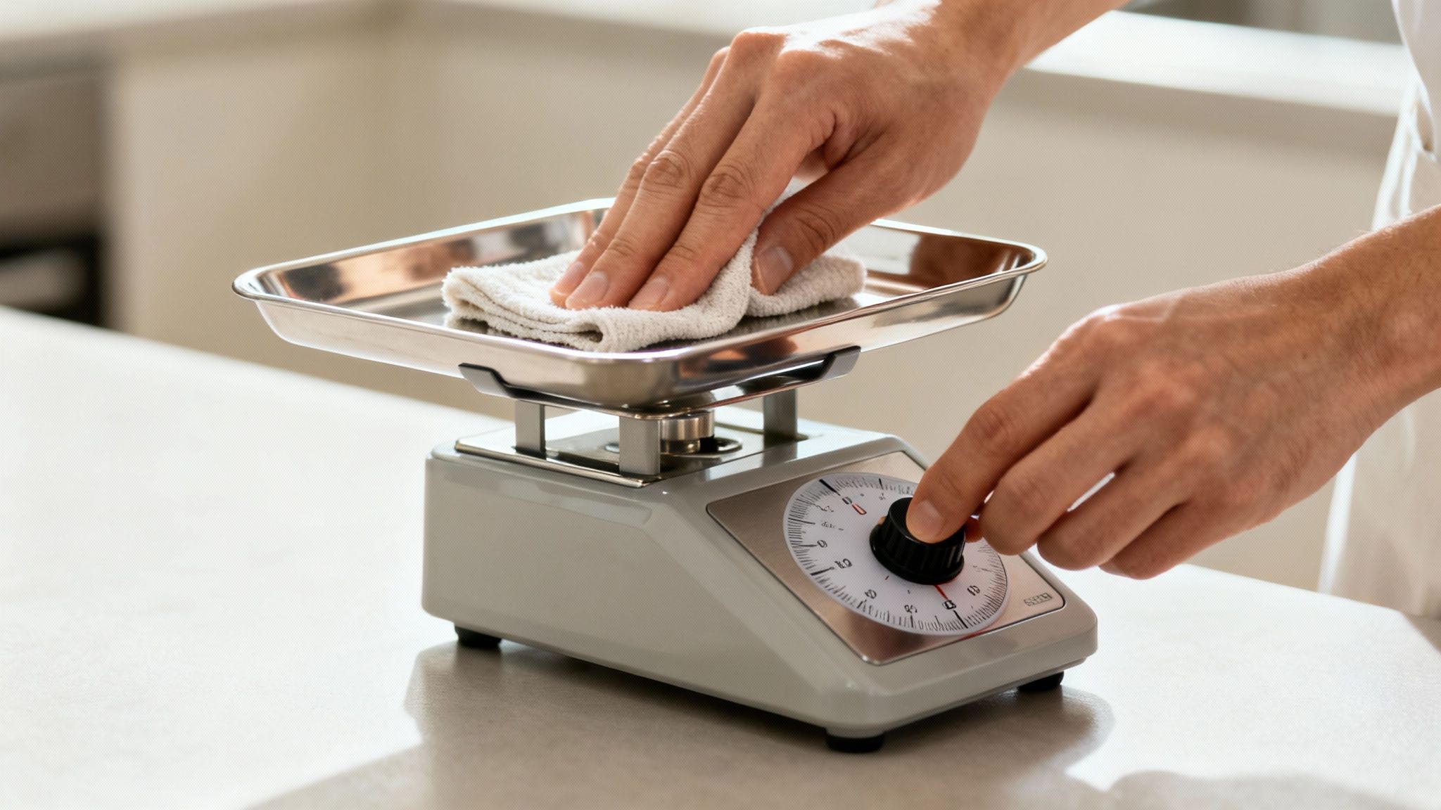 Une personne nettoie un plateau métallique sur une balance de cuisine avec une serviette blanche, ajustant le poids.